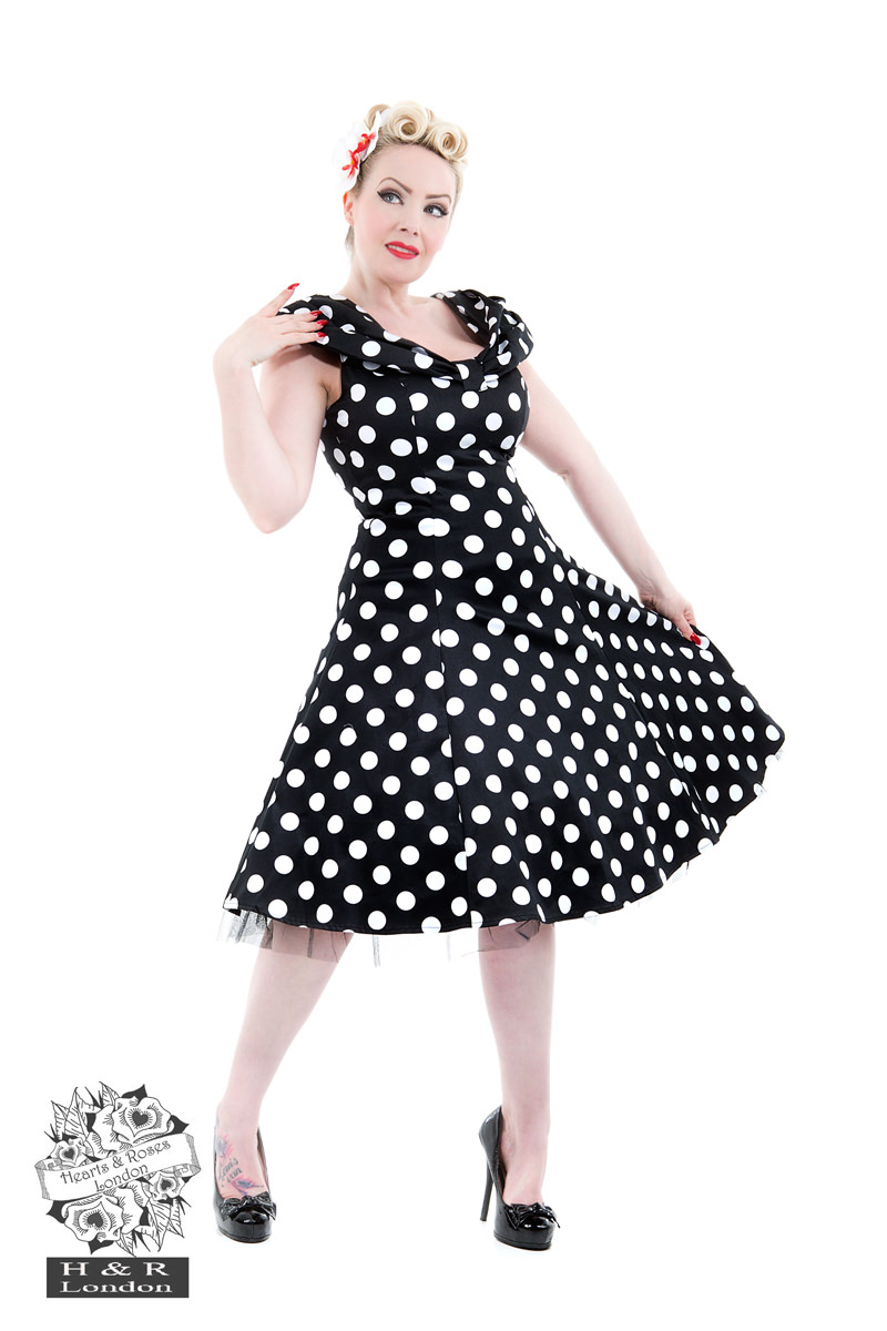 Black White Large Polka Dot Off Shoulder Dress